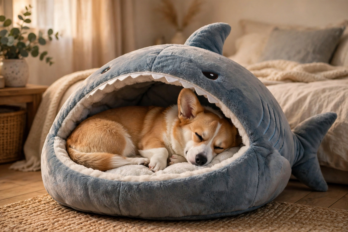Shark-Shaped Plush Pet Bed — Cozy Cave for Cats & Small Dogs