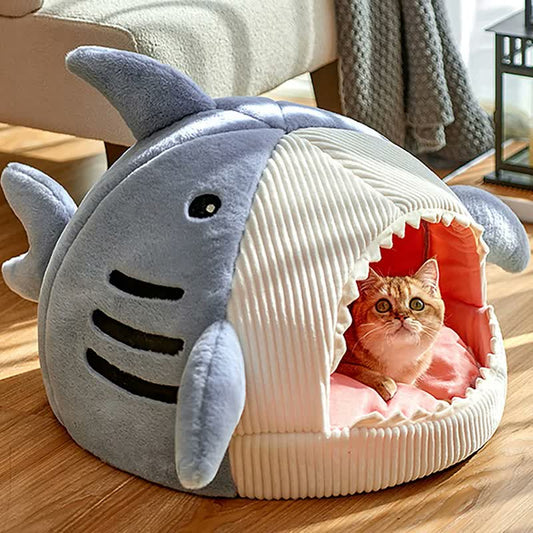 Shark-Shaped Plush Pet Bed — Cozy Cave for Cats & Small Dogs